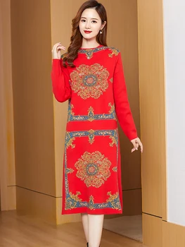 Jeseň Zima Červené Kvetované Pletené Bavlny Midi Šaty Žien Black Kórejský Vintage Šaty, Sveter 2022 Nové Hrubé Teplé Elegantné Vestidos