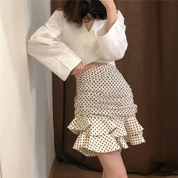 Polka Dot Ruched Mini Sukne Ženy Biela Prehrabať Vintage Bodycon Elegantné Sukne 2022 Vysoký Pás Dovolenku Sukne Faldas