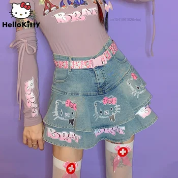 Sanrio Hello Kitty Denim Sukne Y2k Kawaii Cartoon Krátke Sukne Lete Sexy Krátke Sukne Ženy Harajuku Vysoký Pás Sukne Ženy